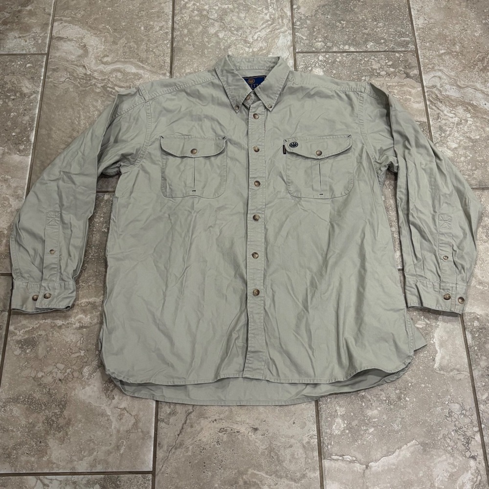 Beretta Mens XL Khaki Tan Cotton Long Sleeve Safari Shooting Hunting Shirt Logo